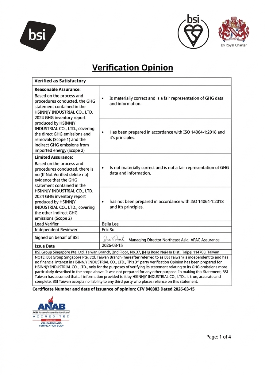 HSINNJY Achieves ISO 14064-1 Certification for Sustainable Development